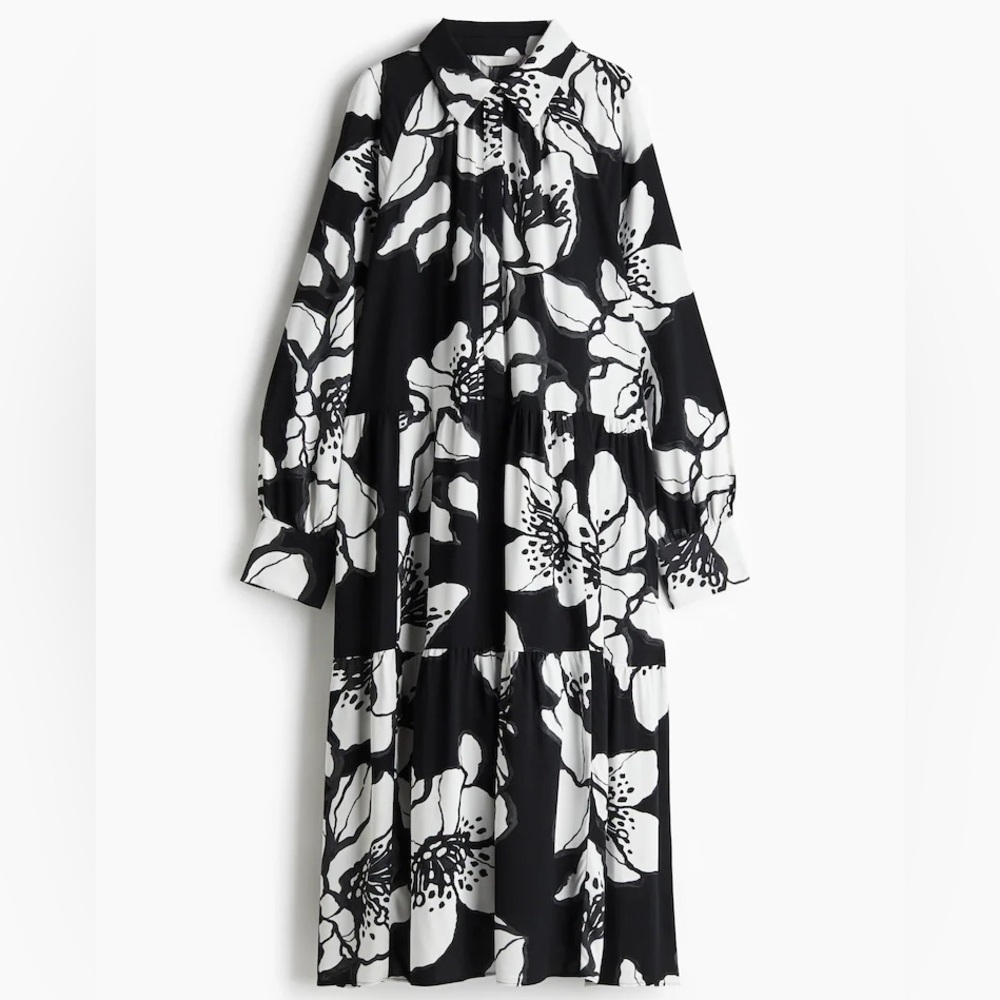 H&M Black and White Floral Long Sleeve Dress
